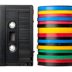 Vintage audio cassette tape and stacked colorful discs against transparent background