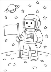A blocky astronaut exploring space, designed for a black-and-white coloring page.