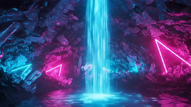 Mystical Cave with Glowing Crystals and a Neon Waterfall Displaying a Fantasy World