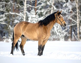 A beautiful buckskin horse standing in the snow