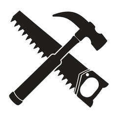 Hammer and saw silhouette, woodworker tool icon, woodworking vector symbol. 
