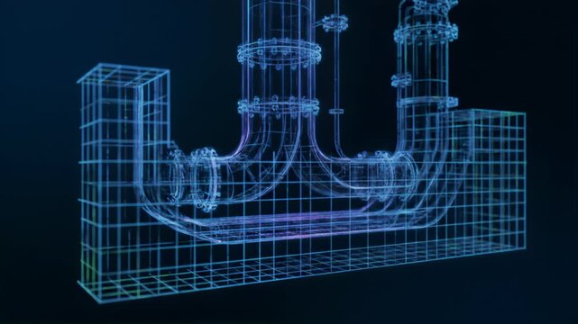 Holographic Blue Wireframe Industrial Pipes and Grids Architecture Design