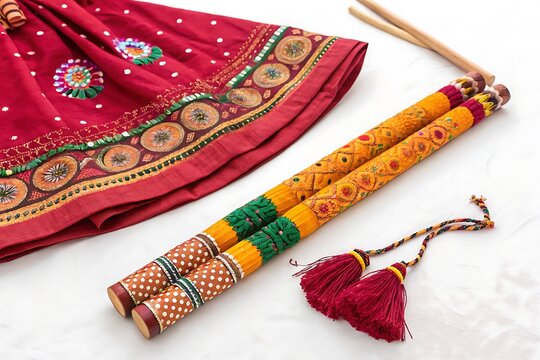 Red and green decorated stick with a green and yellow handle