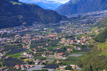 Panorama with village Algund in valley Etschtal and mountains in South Tyrol, Italy