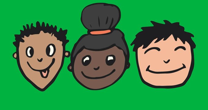 Animation of three diverse faces over black background
