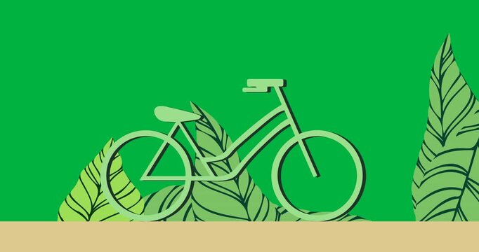 Animation of green bike on transparent background with leaves