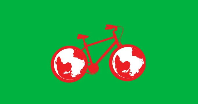 Animation of red bike with globes in circles on transparent background