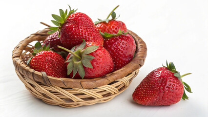 A basket of fresh strawberries with one strawberry on the side isolated