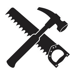 Hammer and saw silhouette, woodworker tool icon, woodworking vector symbol. 
