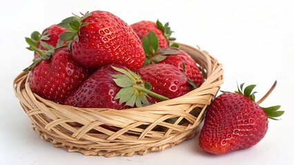 Fresh strawberries in a basket with one on the side isolated on white