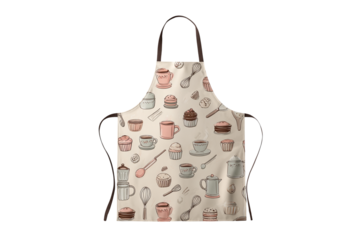 Cream colored apron with cute coffee and dessert pattern isolated on transparent background