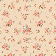 Seamless pattern featuring small clusters of pink and blue flowers on a light beige background design