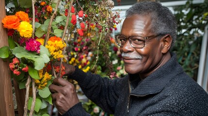 Smiling older man florist arranging vibrant spring flowers at shop