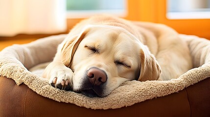 Cute labrador retriever puppy sweetly sleeping in its cozy bed indoors