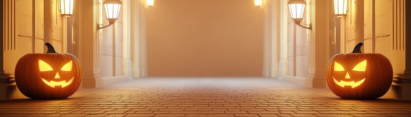 Obraz premium Spooky corridor with glowing jack-o-lanterns and vintage lanterns illuminating a festive Halloween atmosphere