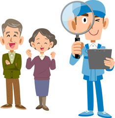 シニア夫婦と虫眼鏡を覗く作業員の男性
