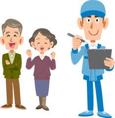 Basic RGBシニア夫婦と書類に書き込む作業員の男性
