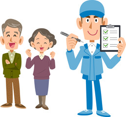 シニア夫婦とチェックポイントを説明する作業員の男性
