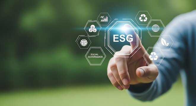 Finger touching ESG icon with environmental and social governance symbols sustainability