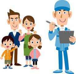 家族と書類に書き込む作業員の男性
