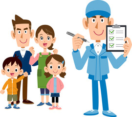 家族とチェックポイントを説明する作業員の男性
