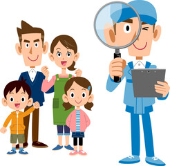 家族と虫眼鏡を覗く作業員の男性
