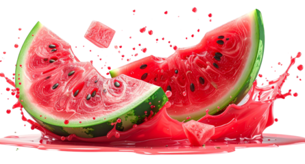 Realistic, Abstract Watermelon Fragments, Juice Droplets, Energetic Motion, Cut Out on Transparent