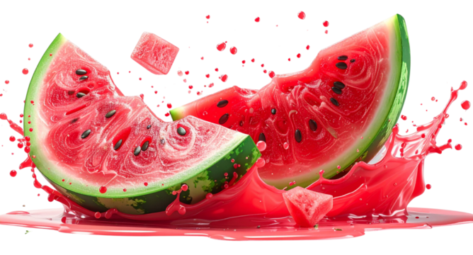 Realistic, Abstract Watermelon Fragments, Juice Droplets, Energetic Motion, Cut Out on Transparent