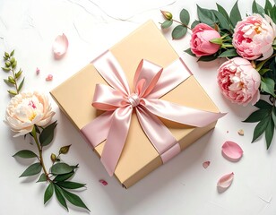 Elegant Gift Box with Pink Ribbon and Beautiful Peonies on White Background