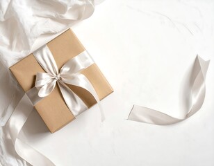 Elegant gift box with white ribbon on a white surface, minimal flatlay composition