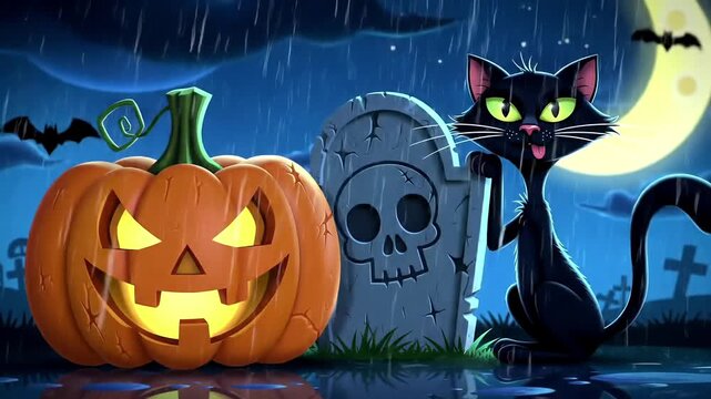 Jack OLantern with Black Cat Sitting Near Tombstone in Spooky Halloween Night Scene