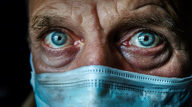 Intense close up of a man in medical mask with bright blue eyes