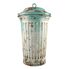 Vintage metal trash can with faded paint on transparent background