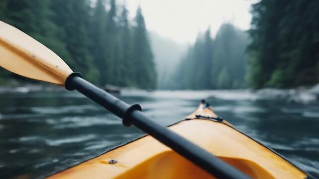 River kayaking adventure through evergreen forest