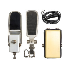 Vintage microphones and accessories isolated on transparent background