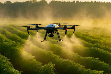 Smart farm drone spraying field with modern agriculture technology