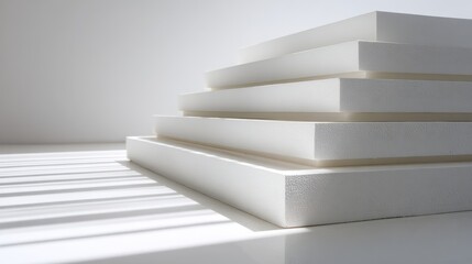 Minimalist stacked blocks in soft light creating unique shadows.