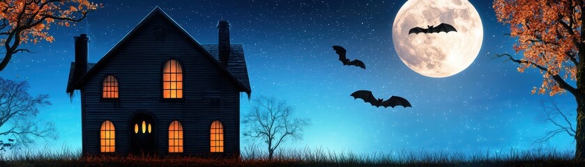 Fototapeta premium Spooky Halloween Night with a Haunted House, Full Moon, Bats and Dark Sky in a Mysterious Autumn Landscape