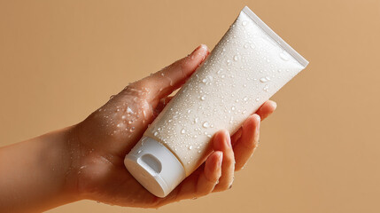 Feminine hand holds white sunscreen tube, glistening with water droplets, against warm beige background. image conveys refreshing and protective essence, ideal for skincare enthusiasts
