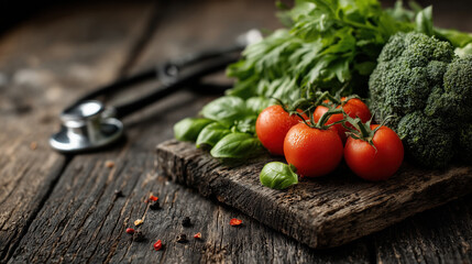 Fresh tomatoes, basil, and broccoli arranged on rustic wooden board, symbolizing healthy eating. stethoscope in background emphasizes connection between nutrition and health