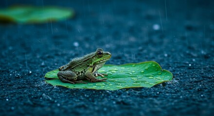American bullfrog resting on lily pad in rain
