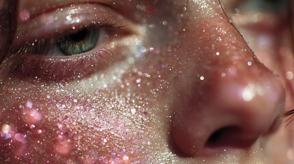 Close up view of human face adorned with shimmering glitter, showcasing blend of colors and textures. sparkling details create captivating and artistic expression, highlighting beauty of skin