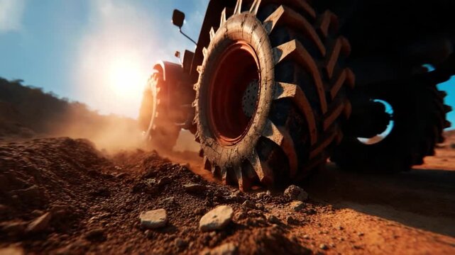 Tractor Wheels in Motion: An impressive image of a rugged tractor navigates challenging terrain with powerful wheels, stirring up a cloud of dust.