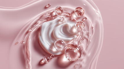 Smooth, swirling texture of cream with bubbles and droplets on soft pink background creates soothing and luxurious feel, perfect for skincare products