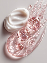 Luxurious skincare textures featuring creamy and gel like formulations with bubbles and droplets on soft background. image evokes sense of freshness and hydration, ideal for cosmetic products
