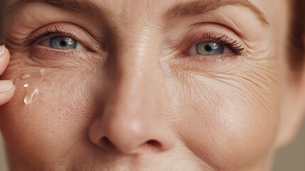 Close up portrait of mature woman applying skincare product to her face, showcasing her radiant skin and fine lines. image captures essence of beauty and self care, highlighting importance