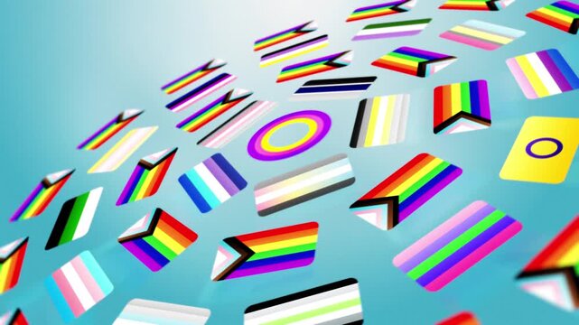 Various Gender Diverse Flags in Spinning Rings, Pride Concept, Multiple Common and Less Common Flags