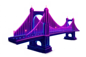 Neon glowing suspension bridge, futuristic urban cityscape element