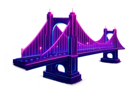 Neon glowing suspension bridge, futuristic urban cityscape element