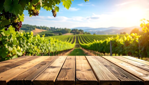 Sunny Vineyard Scene with Wooden Table in the Foreground